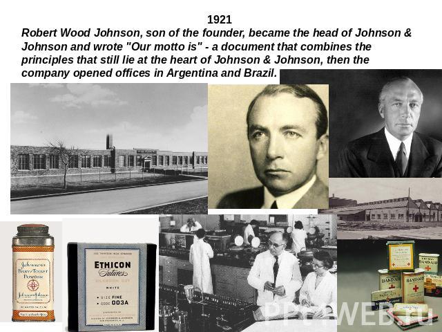 1921Robert Wood Johnson, son of the founder, became the head of Johnson & Johnson and wrote 