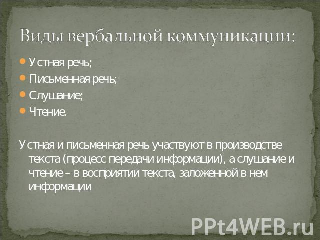 Виды вербальной коммуникации: Устная речь;Письменная речь;Слушание;Чтение.Устная и письменная речь участвуют в производстве текста (процесс передачи информации), а слушание и чтение – в восприятии текста, заложенной в нем информации