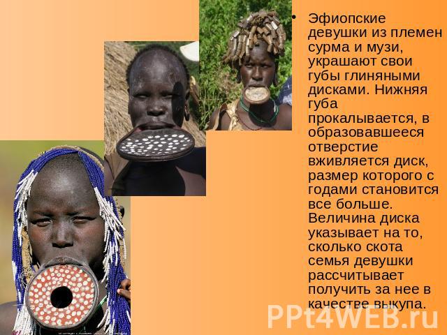 Эфиопские девушки из племен сурма и музи, украшают свои губы глиняными дисками. Нижняя губа прокалывается, в образовавшееся отверстие вживляется диск, размер которого с годами становится все больше. Величина диска указывает на то, сколько скота семь…