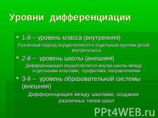 Уровни дифференциации 1-й – уровень класса (внутренняя)Различный подход осуществ