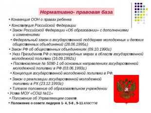 Нормативно- правовая база Конвенция ООН о правах ребенка Конституция Российской