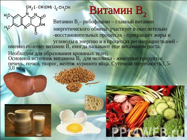Витамин В2 Витамин В2– рибофлавин – главный витамин энергетического обмена: участвует в окислительно -восстановительных процессах - превращает жиры и углеводы в энергию и в процессах регенерации тканей - именно поэтому витамин B2 иногда называют еще…