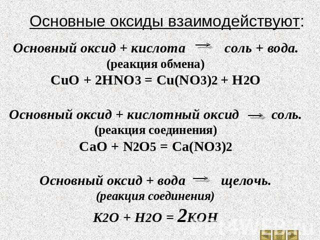 Основные оксиды взаимодействуют: Основный оксид + кислота соль + вода.(реакция обмена)CuO + 2HNO3 = Cu(NO3)2 + H2OОсновный оксид + кислотный оксид соль.(реакция соединения)CaO + N2O5 = Ca(NO3)2Основный оксид + вода щелочь.(реакция соединения)K2O + H…