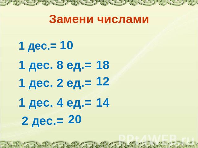 Замени числами 1 дес.= 10 1 дес. 8 ед.= 18 1 дес. 2 ед.= 12 1 дес. 4 ед.= 14 2 дес.= 20