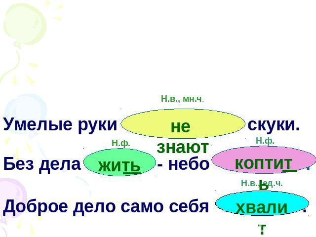 Умелые руки … скуки. Без дела … - небо … . Доброе дело само себя .