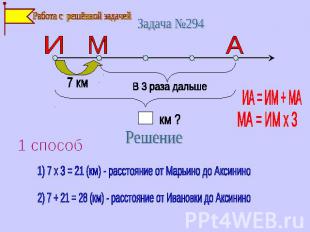 Работа с решённой задачей Задача №294 В 3 раза дальше ИА = ИМ + МА МА = ИМ х 3 1