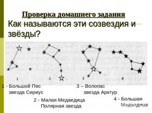 Проверка домашнего задания Как называются эти созвездия и звёзды? 1 - Большой Пе