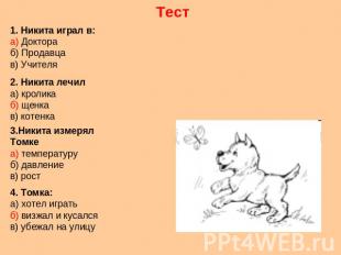 Тест 1. Никита играл в:а) Доктораб) Продавцав) Учителя 2. Никита лечила) кролика