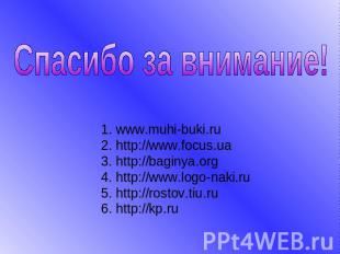 Спасибо за внимание! 1. www.muhi-buki.ru 2. http://www.focus.ua 3. http://baginy
