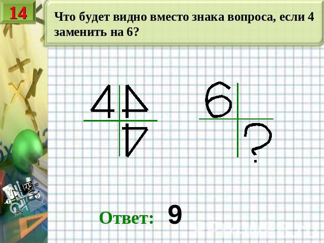 Что будет видно вместо знака вопроса, если 4 заменить на 6? Ответ: 9