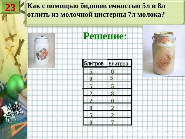 Как с помощью бидонов емкостью 5л и 8л отлить из молочной цистерны 7л молока? Решение:
