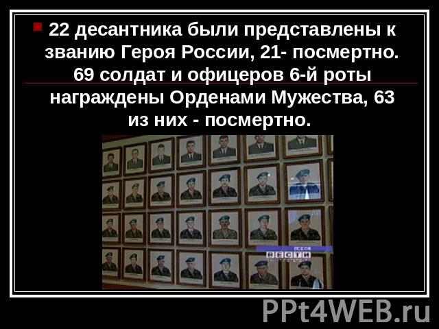 22 десантника были представлены к званию Героя России, 21- посмертно. 69 солдат и офицеров 6-й роты награждены Орденами Мужества, 63 из них - посмертно.