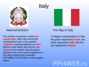 Italy National Emblem The emblem comprises a white five-pointed star, with a fin