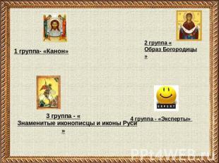 1 группа- «Канон» 3 группа - «Знаменитые иконописцы и иконы Руси» 2 группа «Обра