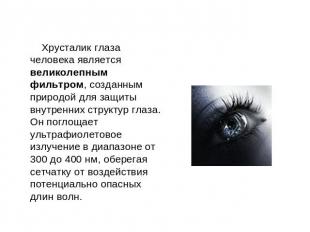 Хрусталик глаза человека является великолепным фильтром, созданным природой для