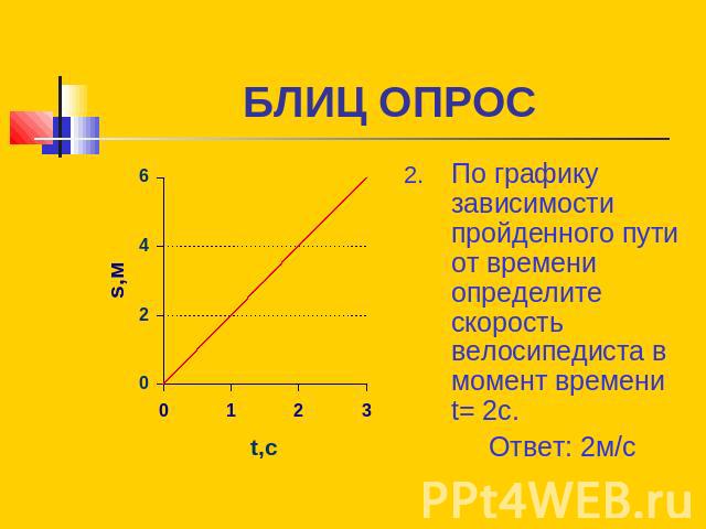 БЛИЦ ОПРОС По графику зависимости пройденного пути от времени определите скорость велосипедиста в момент времени t= 2с. Ответ: 2м/с