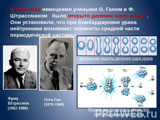 В 1939 году немецкими учеными О. Ганом и Ф. Штрассманом было открыто деление ядер урана*. Они установили, что при бомбардировке урана нейтронами возникают элементы средней части периодической системы Фриц Штрассман(1902-1980) Отто Ган(1879-1968) Кап…
