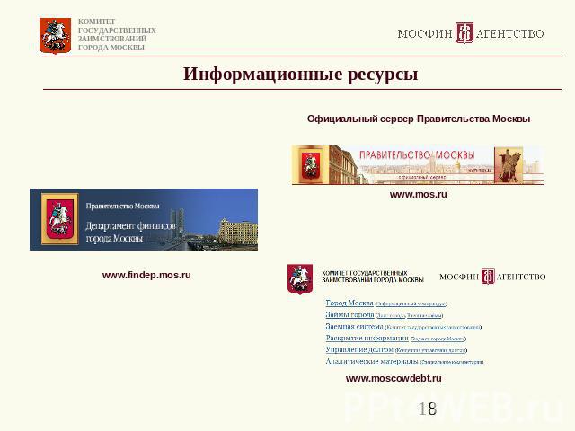 Информационные ресурсы Официальный сервер Правительства Москвы www.mos.ru www.mos.ru www.moscowdebt.ru