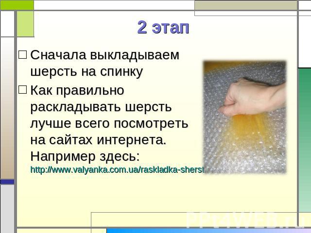 2 этап Сначала выкладываем шерсть на спинку Как правильно раскладывать шерсть лучше всего посмотреть на сайтах интернета. Например здесь: http://www.valyanka.com.ua/raskladka-shersti.html