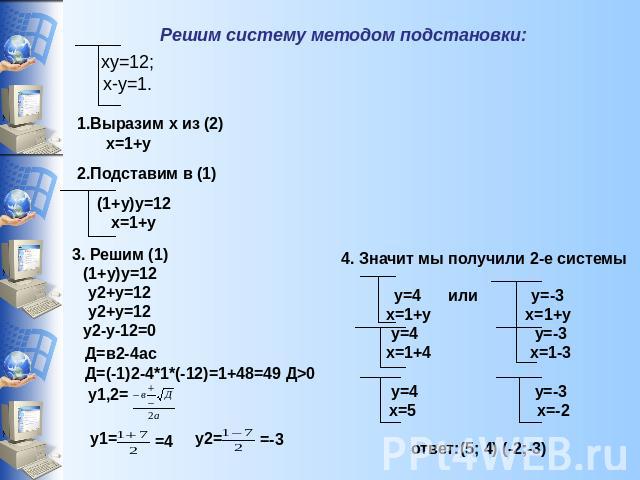 Решим систему методом подстановки: 1.Выразим х из (2) х=1+у 2.Подставим в (1) (1+у)у=12 х=1+у 3. Решим (1) (1+у)у=12 у2+у=12 у2+у=12 у2-у-12=0 Д=в2-4ас Д=(-1)2-4*1*(-12)=1+48=49 Д>0 4. Значит мы получили 2-е системы у=4 или у=-3 х=1+у х=1+у у=4 у=-3…