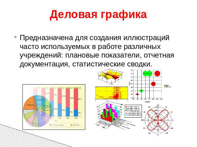 Деловая графика Предназначена для создания иллюстраций часто используемых в работе различных учреждений: плановые показатели, отчетная документация, статистические сводки.