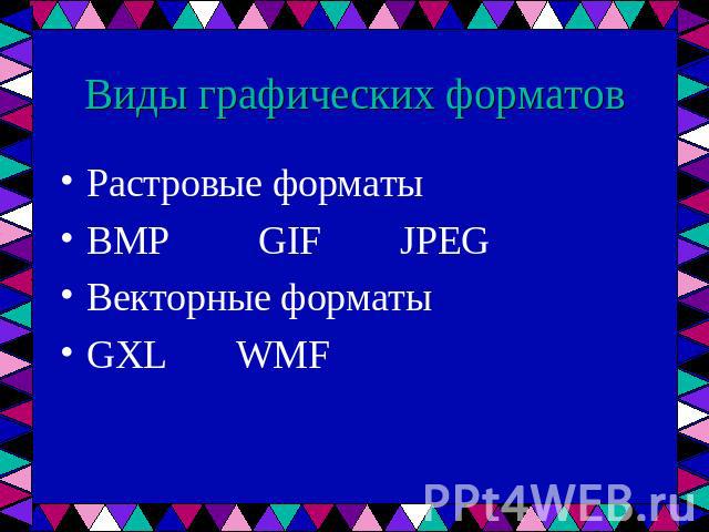 Виды графических форматов Растровые форматы BMP GIF JPEG Векторные форматы GXL WMF