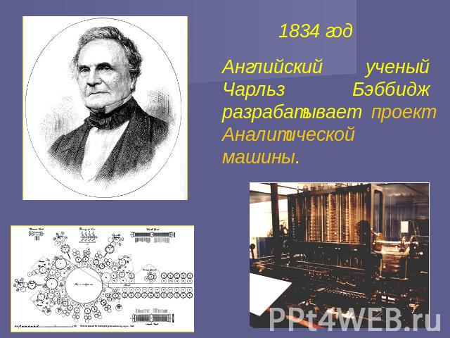 1834 год Английский ученый Чарльз Бэббидж разрабатывает проект Аналитической машины.