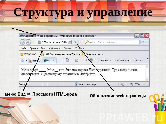 Структура и управление меню Вид Просмотр HTML-кода Обновление web-страницы