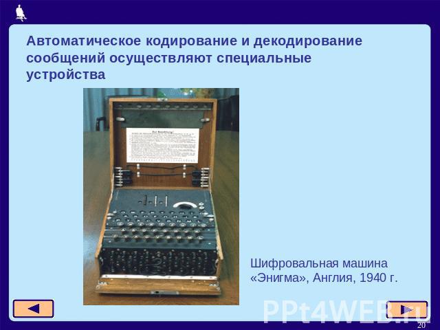 Автоматическое кодирование и декодирование сообщений осуществляют специальные устройства Шифровальная машина «Энигма», Англия, 1940 г.