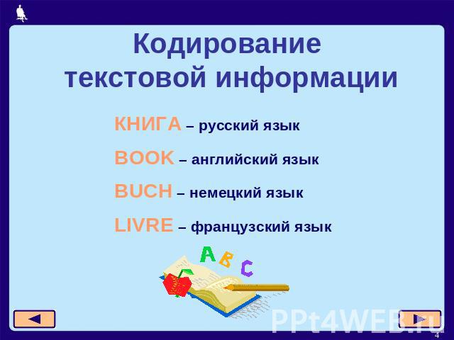 Кодирование текстовой информации КНИГА – русский язык BOOK – английский язык BUCH – немецкий язык LIVRE – французский язык