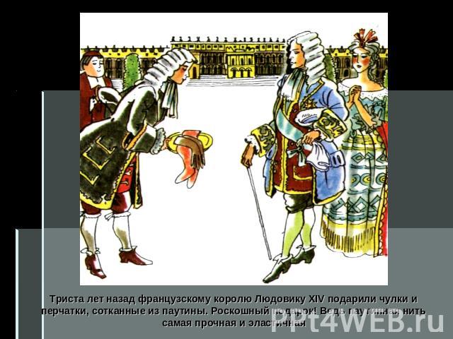 Триста лет назад французскому королю Людовику XIV подарили чулки и перчатки, сотканные из паутины. Роскошный подарок! Ведь паутинная нить самая прочная и эластичная