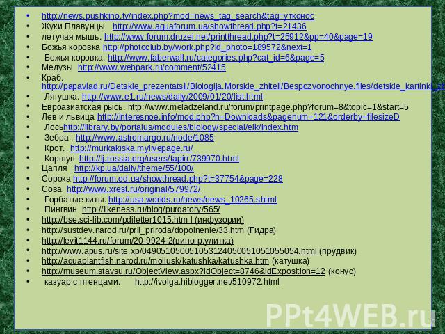 http://news.pushkino.tv/index.php?mod=news_tag_search&tag=утконос Жуки Плавунцы http://www.aquaforum.ua/showthread.php?t=21436 летучая мышь. http://www.forum.druzei.net/printthread.php?t=25912&pp=40&page=19 Божья коровка http://photoclub.by/work.php…