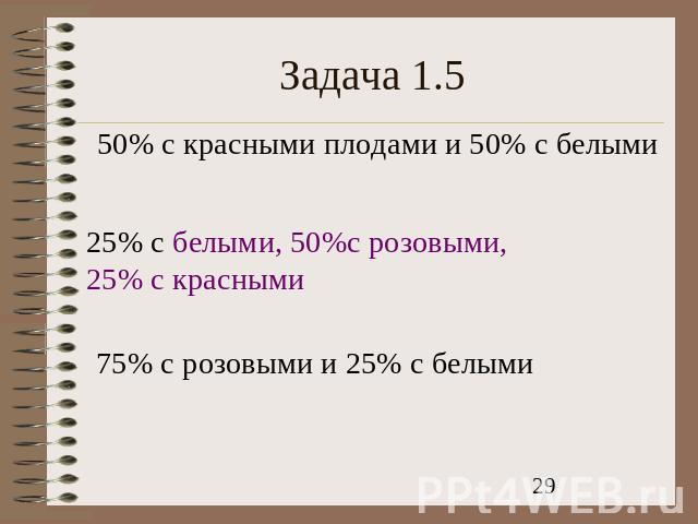 Задача 1.5 50% с красными плодами и 50% с белыми 25% с белыми, 50%с розовыми, 25% с красными 75% с розовыми и 25% с белыми