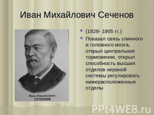 Иван Михайлович Сеченов (1828- 1905 гг.) Показал связь спинного и головного мозг