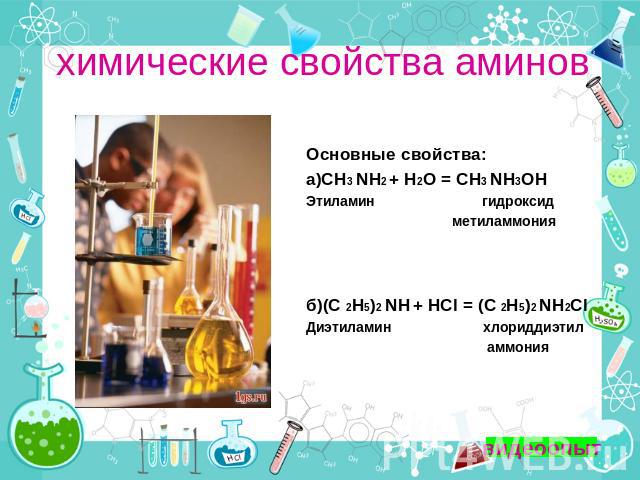 химические свойства аминов Основные свойства: а)СН3 NH2 + H2O = СН3 NH3OH Этиламин гидроксид метиламмония б)(С 2Н5)2 NH + HСl = (С 2Н5)2 NH2Cl Диэтиламин хлориддиэтил аммония
