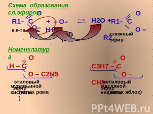 Схема образования сл.эфиров Номенклатура О Н – С О – С2Н5 этиловый эфир муравьин