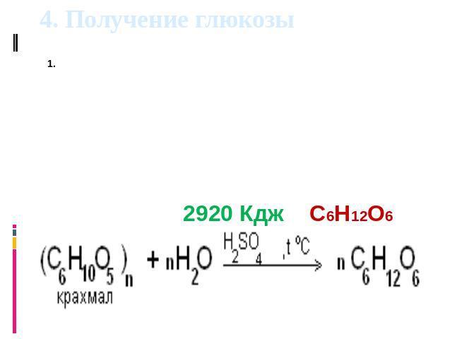4. Получение глюкозы Источником углеводов служат растения, в которых протекают реакции фотосинтеза в присутствии катализатора хлорофилла 6CO2 + 6H2O + 2920 Кдж = C6H12O6+ 6O2 2. Гидролиз полисахаридов (крахмала, целлюлозы )