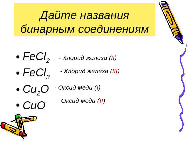 Дайте названия бинарным соединениям FeCl2 FeCl3 Cu2O CuO - Хлорид железа (II) - Хлорид железа (III) - Оксид меди (I) - Оксид меди (II)