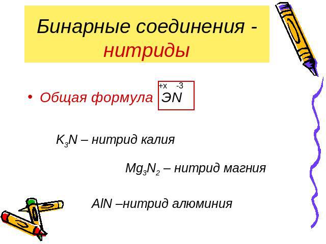 Бинарные соединения - нитриды Общая формула ЭN K3N – нитрид калия Mg3N2 – нитрид магния AlN –нитрид алюминия