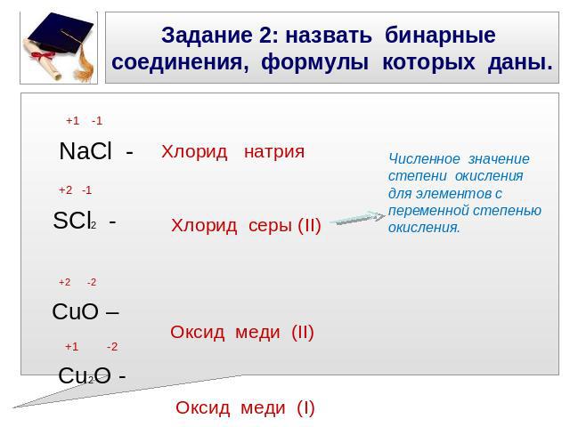 Задание 2: назвать бинарные соединения, формулы которых даны. Численное значение степени окисления для элементов с переменной степенью окисления. +1 -1 NaCl - +2 -1 SCl2 - +2 -2 CuO – +1 -2 Cu2O - Хлорид натрия Хлорид серы (II) Оксид меди (II) Оксид…