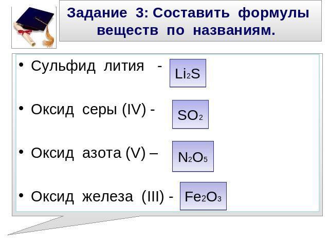 Задание 3: Составить формулы веществ по названиям. Сульфид лития - Оксид серы (IV) - Оксид азота (V) – Оксид железа (III) -