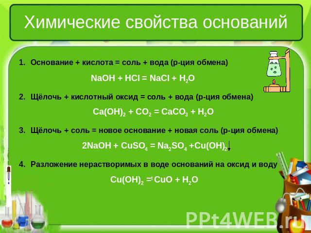 Химические свойства оснований Основание + кислота = соль + вода (р-ция обмена) NaOH + HCl = NaCl + H2O Щёлочь + кислотный оксид = соль + вода (р-ция обмена) Ca(OH)2 + CO2 = CaCO3 + H2O Щёлочь + соль = новое основание + новая соль (р-ция обмена) 2NaO…