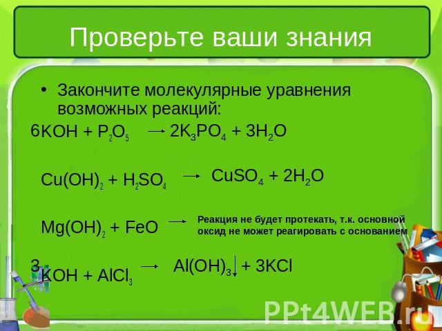 Проверьте ваши знания Закончите молекулярные уравнения возможных реакций: KOH + P2O5 Cu(OH)2 + H2SO4 Mg(OH)2 + FeO KOH + AlCl3 Реакция не будет протекать, т.к. основной оксид не может реагировать с основанием