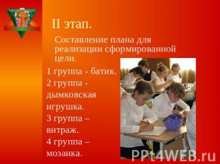 II этап. Составление плана для реализации сформированной цели.1 группа - батик.2