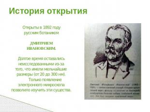 История открытия Открыты в 1892 годурусским ботаникомДМИТРИЕМИВАНОВСКИМ.Долгое в