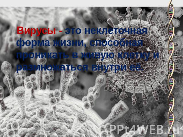 Вирусы - это неклеточная форма жизни, способная проникать в живую клетку и размножаться внутри её.