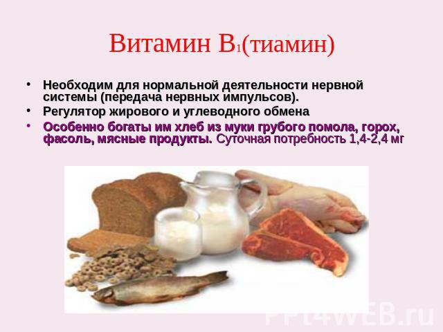 Витамин В1(тиамин) Необходим для нормальной деятельности нервной системы (передача нервных импульсов).Регулятор жирового и углеводного обмена Особенно богаты им хлеб из муки грубого помола, горох, фасоль, мясные продукты. Суточная потребность 1,4-2,4 мг
