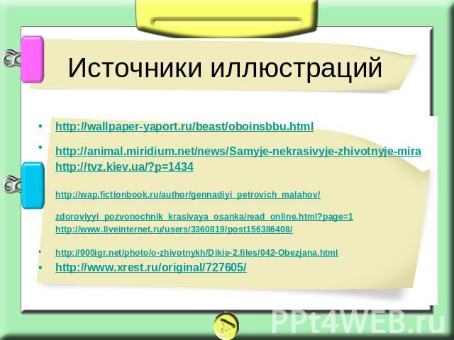 Источники иллюстраций http://wallpaper-yaport.ru/beast/oboinsbbu.htmlhttp://animal.miridium.net/news/Samyje-nekrasivyje-zhivotnyje-mira http://tvz.kiev.ua/?p=1434 http://wap.fictionbook.ru/author/gennadiyi_petrovich_malahov/zdoroviyyi_pozvonochnik_k…
