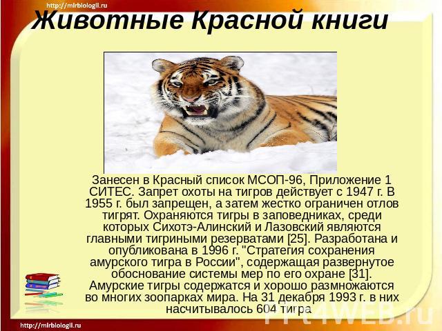 Животные Красной книги Занесен в Красный список МСОП-96, Приложение 1 СИТЕС. Запрет охоты на тигров действует с 1947 г. В 1955 г. был запрещен, а затем жестко ограничен отлов тигрят. Охраняются тигры в заповедниках, среди которых Сихотэ-Алинский и Л…