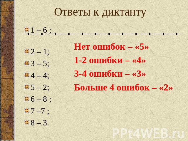 Ответы к диктанту 1 – 6 ; 2 – 1; 3 – 5; 4 – 4; 5 – 2; 6 – 8 ; 7 –7 ; 8 – 3. Нет ошибок – «5» 1-2 ошибки – «4» 3-4 ошибки – «3» Больше 4 ошибок – «2»